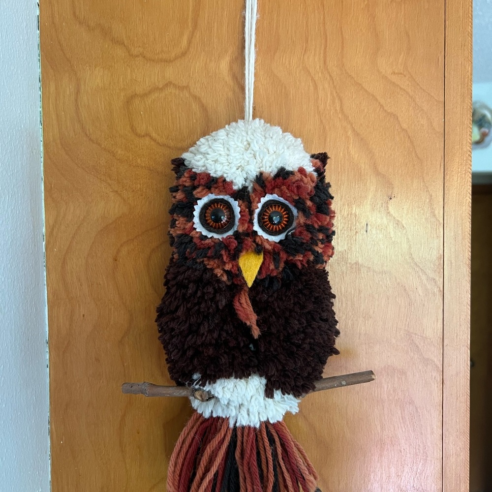 Vintage 1970’s Handcrafted Brown and White Owl macrame